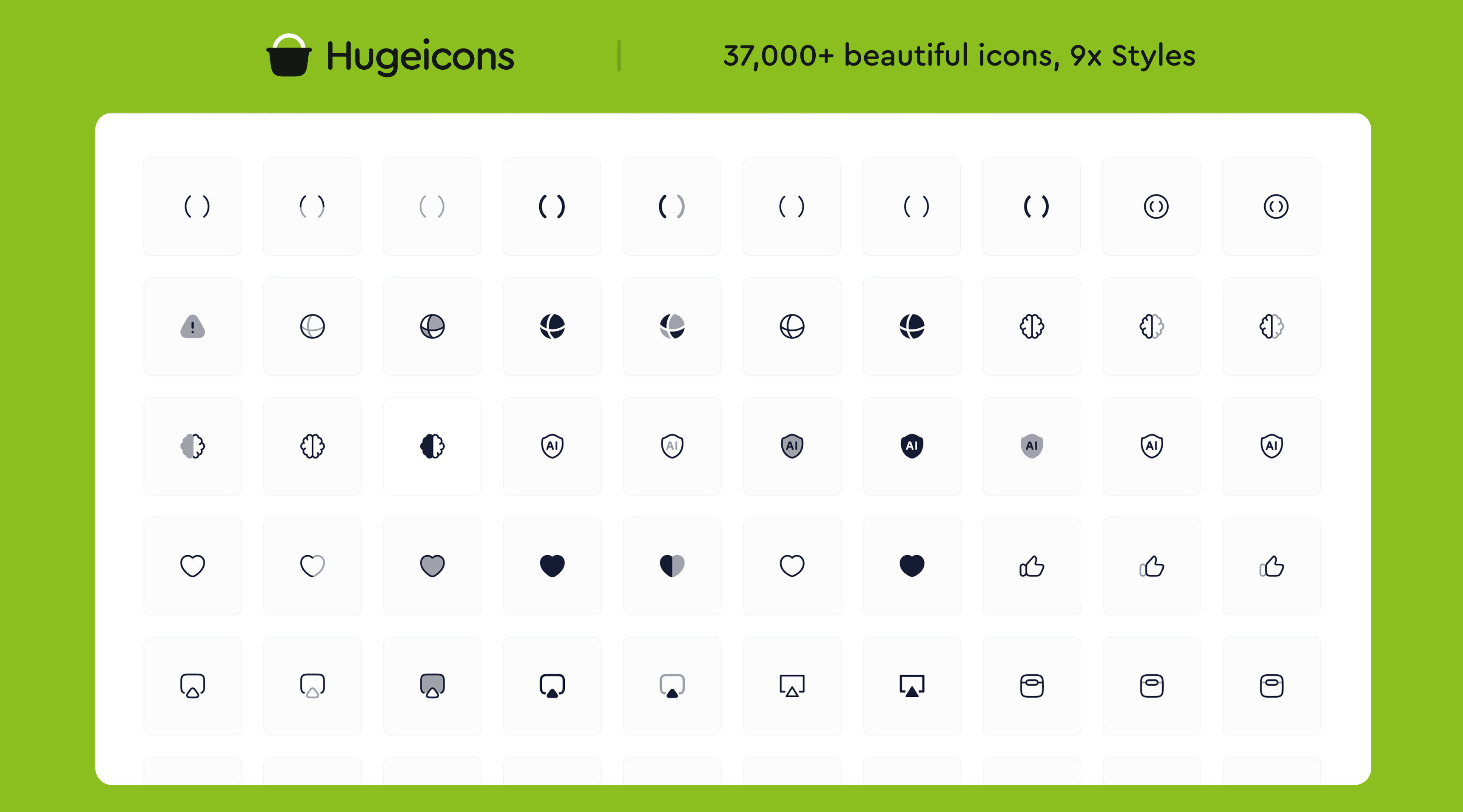 Hugeicons icon font library showcasing a collection of modern and customizable icons in 9 styles for web design.